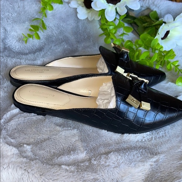 Liz Claiborne Black Croc Mules with Gold Accents - Picture 6 of 7